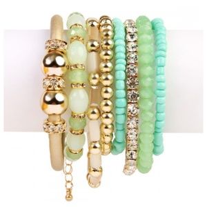 Mint Green Multi-layer Bangle Gold Bead Statement Bracelet